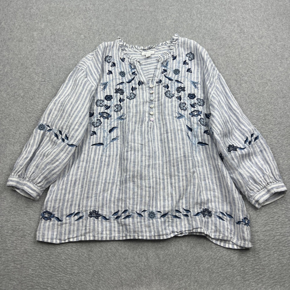 JJill Love Linen Blouse Womens Small Blue Stripe Floral Embroidered V-Neck Tunic